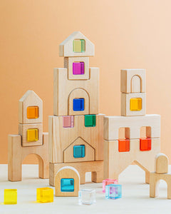Barca Block Set beech wood building blocks with translucent colorful windows, geometric city blocks for light and shadow play