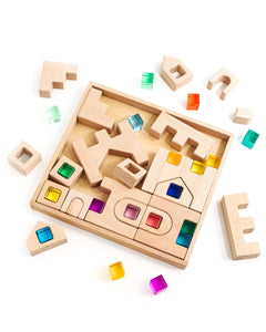 Barca Block Set beech wood building blocks with colorful translucent windows for geometric city construction and light play