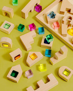 Barca Block Set beech wood building blocks with colorful translucent window cubes for geometric light-and-shadow play