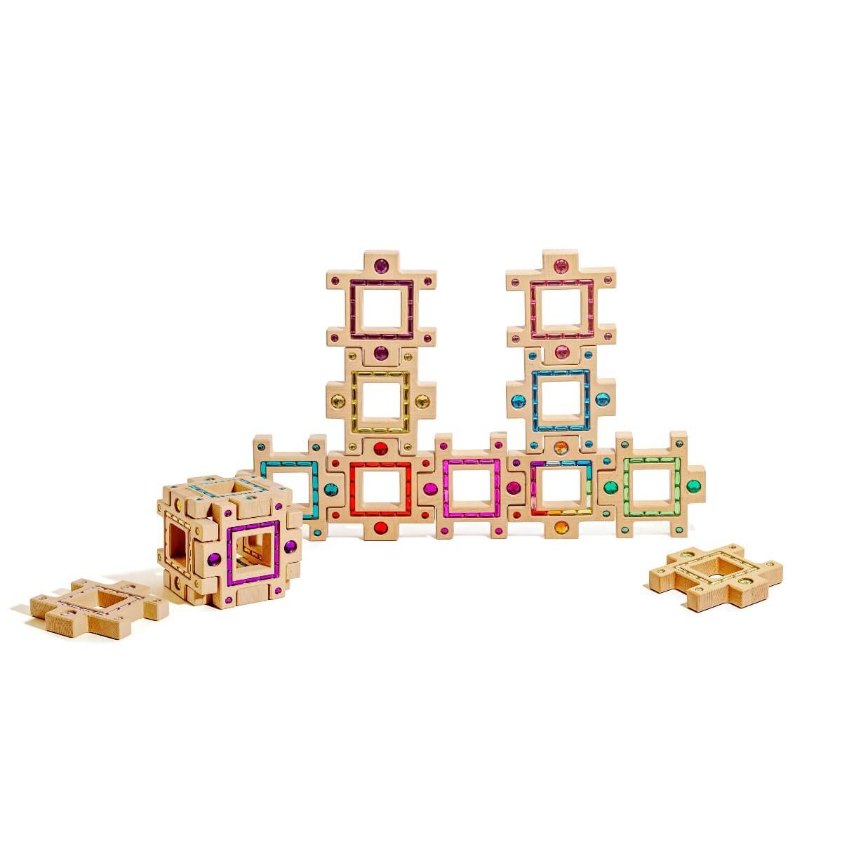 Busy Blocks wooden building set with colorful gem inlays and interlocking square frames, stacked and arranged for creative open-ended play