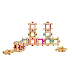 Busy Blocks wooden building set with colorful gem inlays and interlocking square frames, stacked and arranged for creative open-ended play