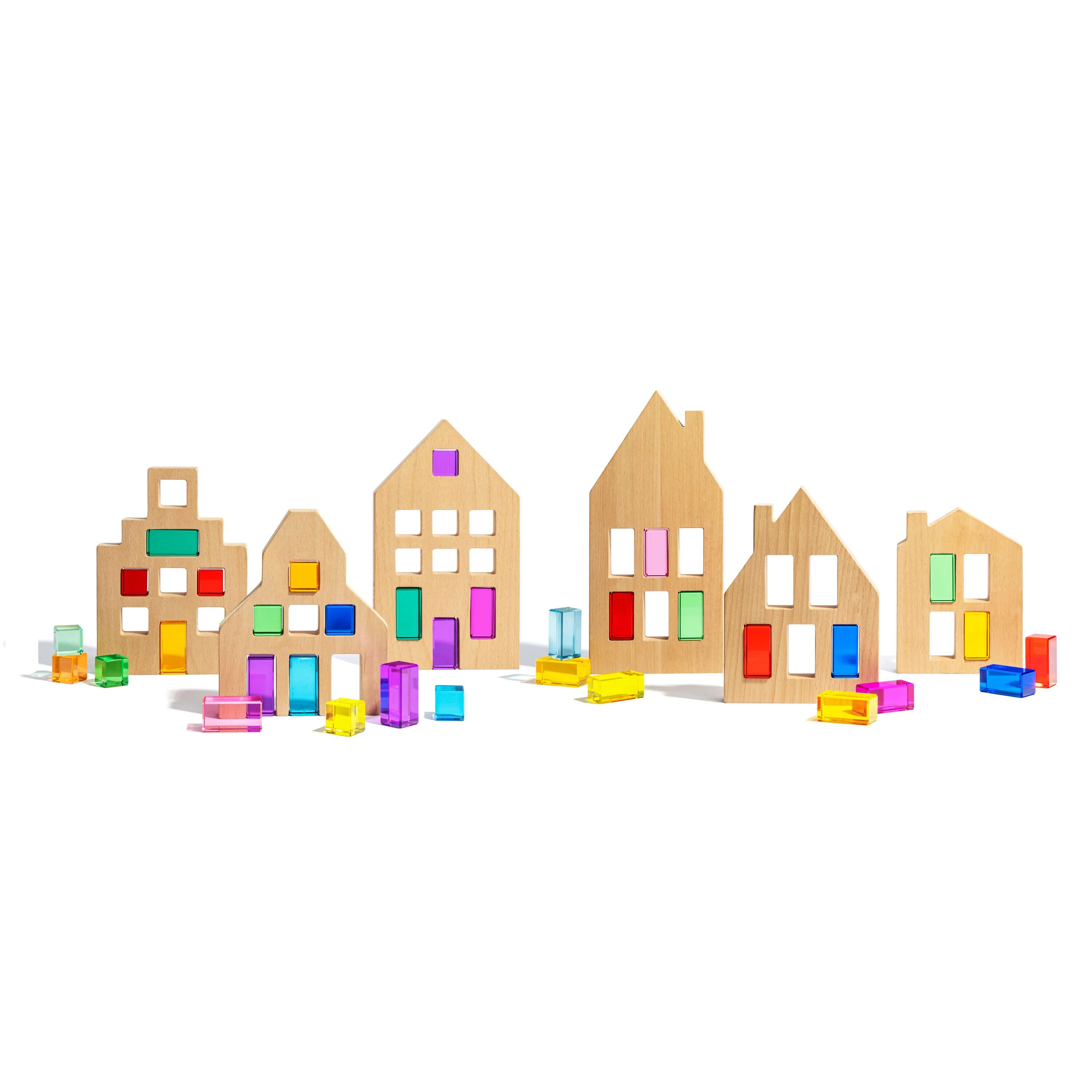 Colorful Canal House Blocks set with wooden houses and translucent acrylic details for creative play.