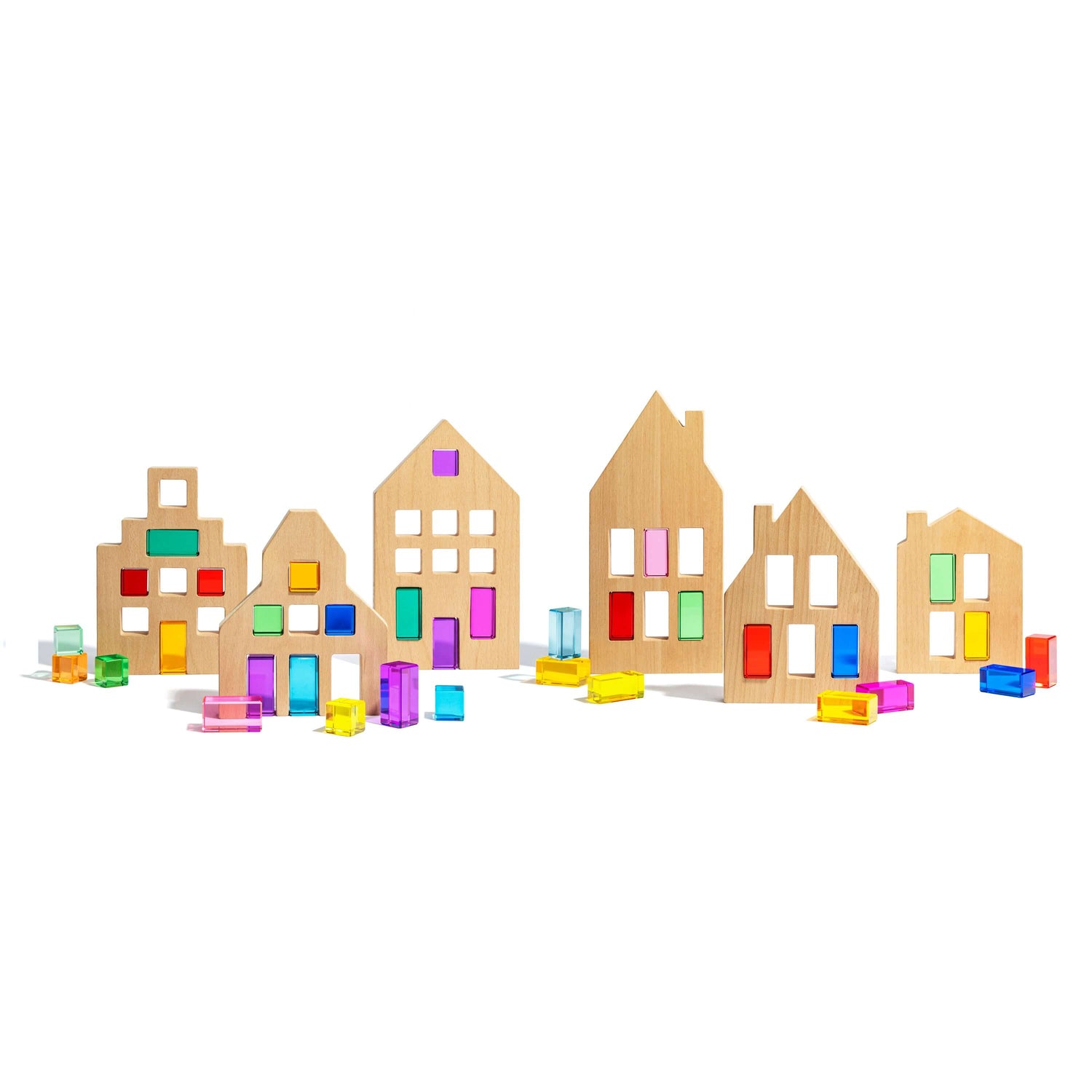 Colorful Canal House Blocks set with wooden houses and translucent acrylic details for creative play.