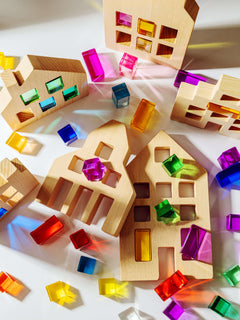 wooden city building blocks and lucent gems