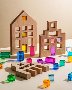 open ended wooden city blocks toy with acrylic gems