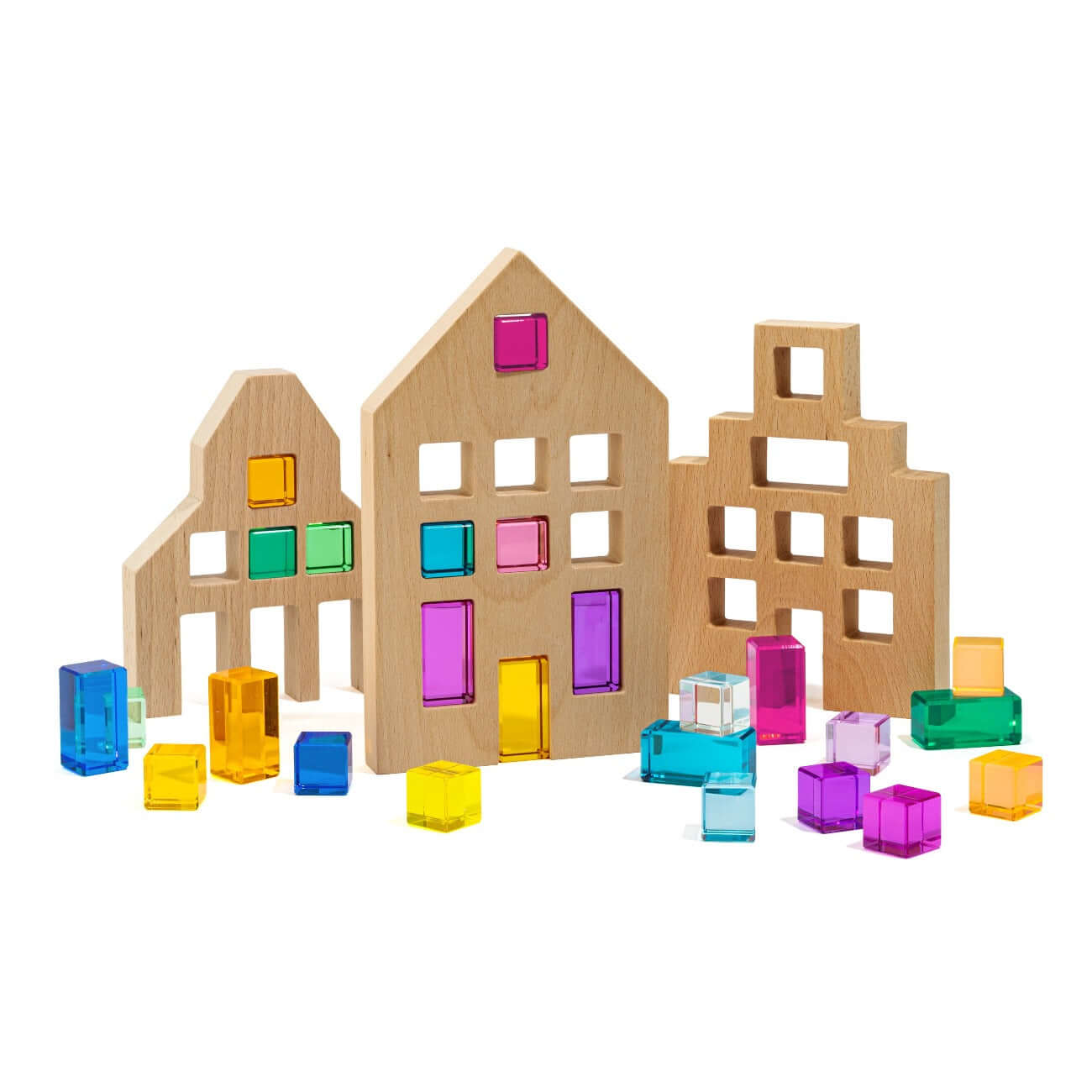 Alt Tag: Race Through Riley City Digital Downloaad wooden city building blocks with colorful translucent cubes for kids play