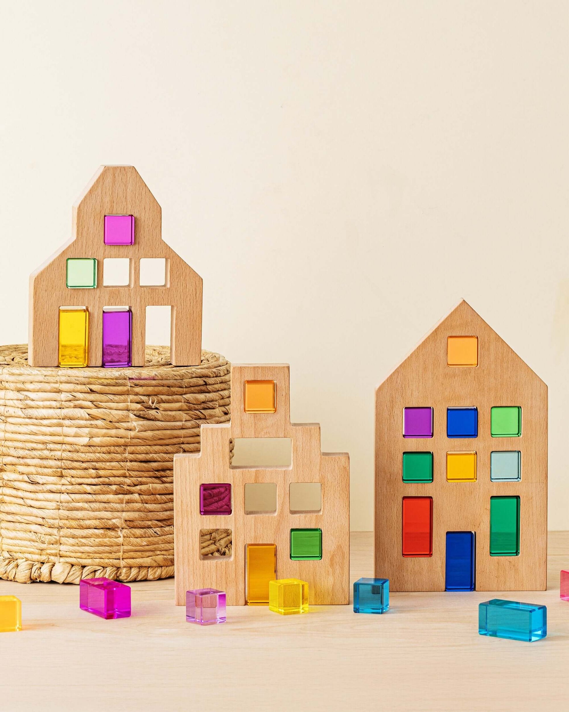 Alt Tag: Race Through Riley City Digital Downloaad wooden city building blocks with colorful window tiles and cubes on table