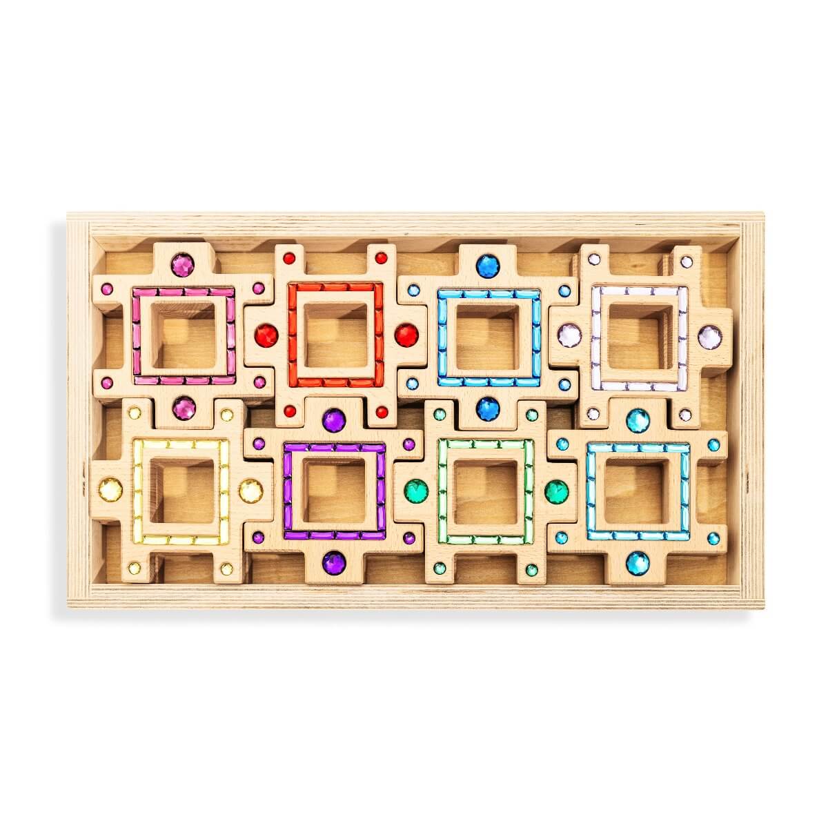Busy Blocks eco-friendly wooden interlocking blocks set with colorful gem inlays in wooden tray for open-ended learning play