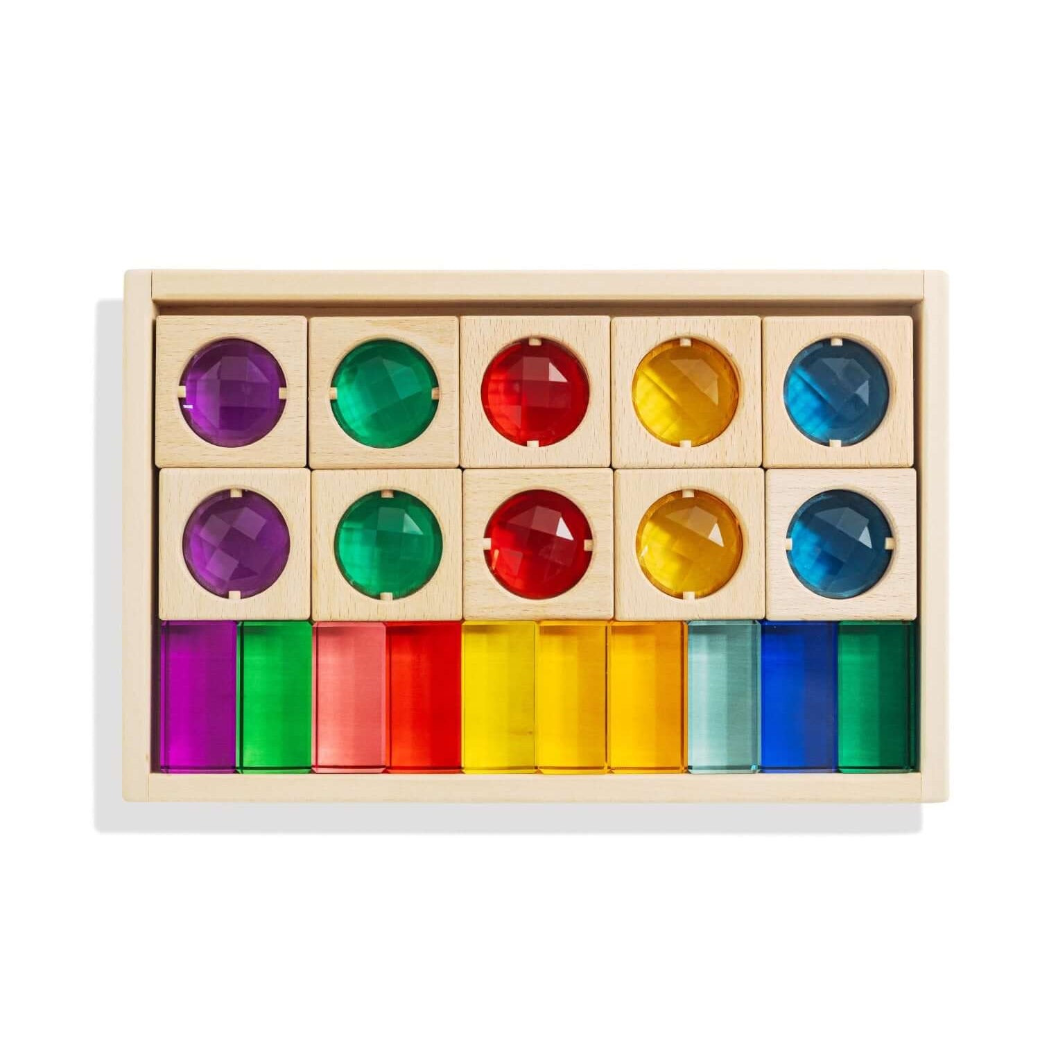 Alt Tag: James Blocks Digital Play Guide featuring colorful wooden blocks with translucent circles and rainbow tiles for open-ended learning play