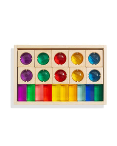 James Block Set with 10 translucent windows and 10 lucite gemstones in a wooden tray for color exploration and stacking