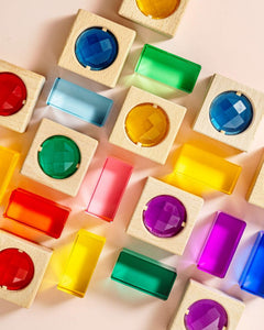 James Block Set translucent window blocks and lucite gemstones for counting, stacking, sorting, and color play with light table