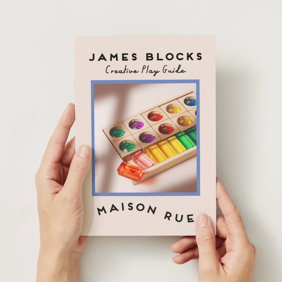 Alt Tag: James Blocks Digital Play Guide cover held in hands, creative play activities for parents, caregivers, and educators