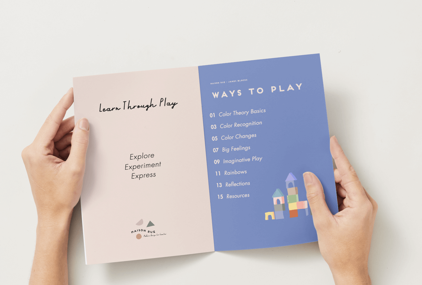 Alt Tag: James Blocks Digital Play Guide open booklet showing “Ways to Play” activities for imaginative, developmental learning