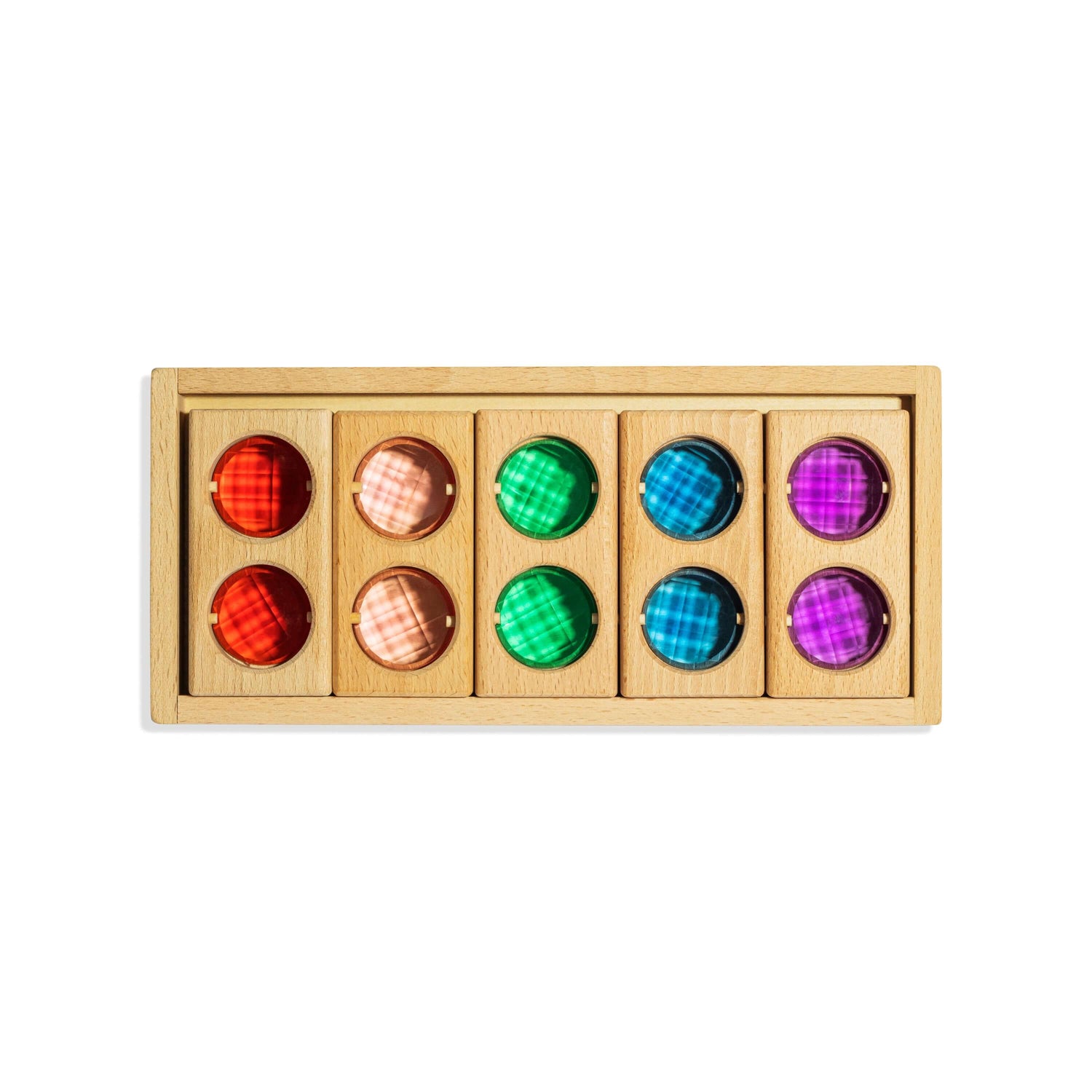 Juni Blocks - Rainbow Window Set with colorful acrylic inserts on wooden blocks for creative play.