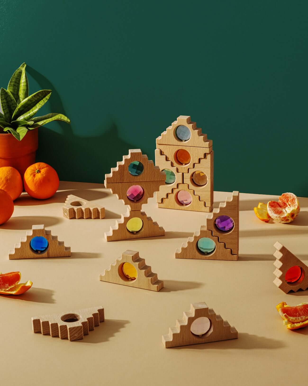 Modern Montessori blocks with faceted gem details