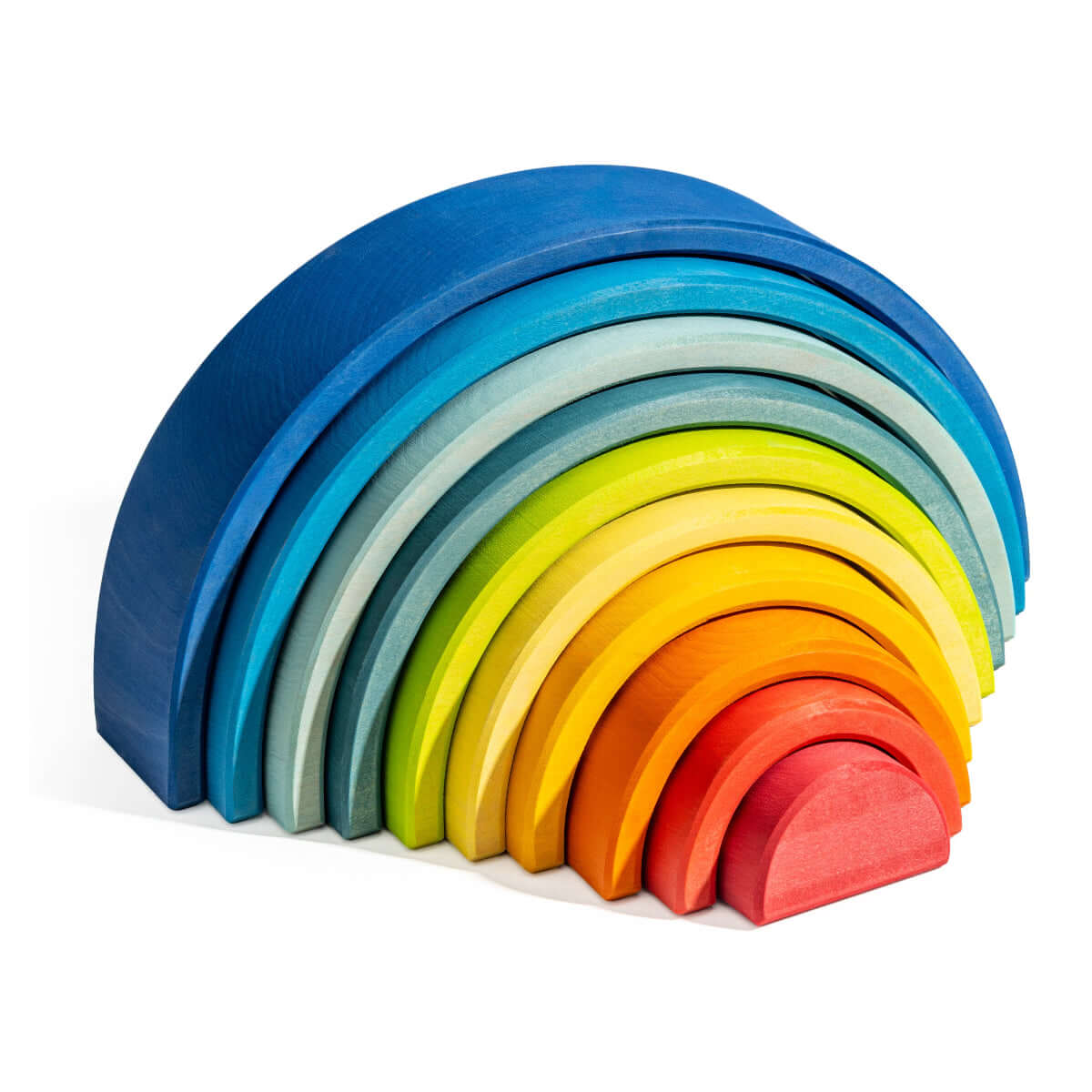 Large Wooden Rainbow stacking toy with 12 colorful arches for open-ended play and display.