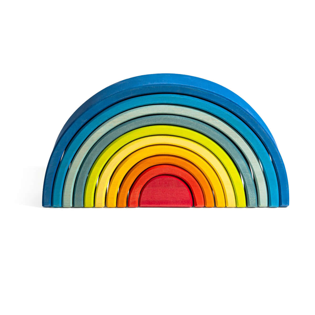 Large Wooden Rainbow with 12 bold arches in calming earth-to-sky hues, handcrafted from sustainable wood.