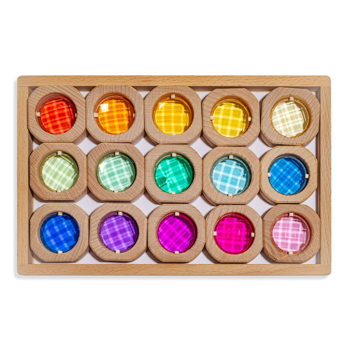 Wooden blocks with colorful round transparent windows on a white background