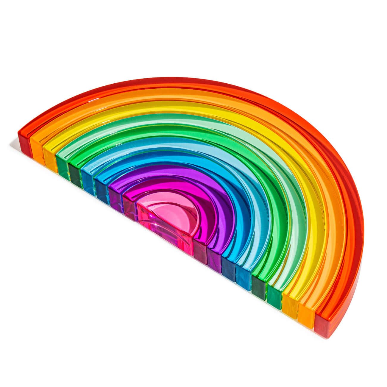 Lucid Rainbow acrylic stacking toy with 10 colorful translucent arches for imaginative play and creativity.