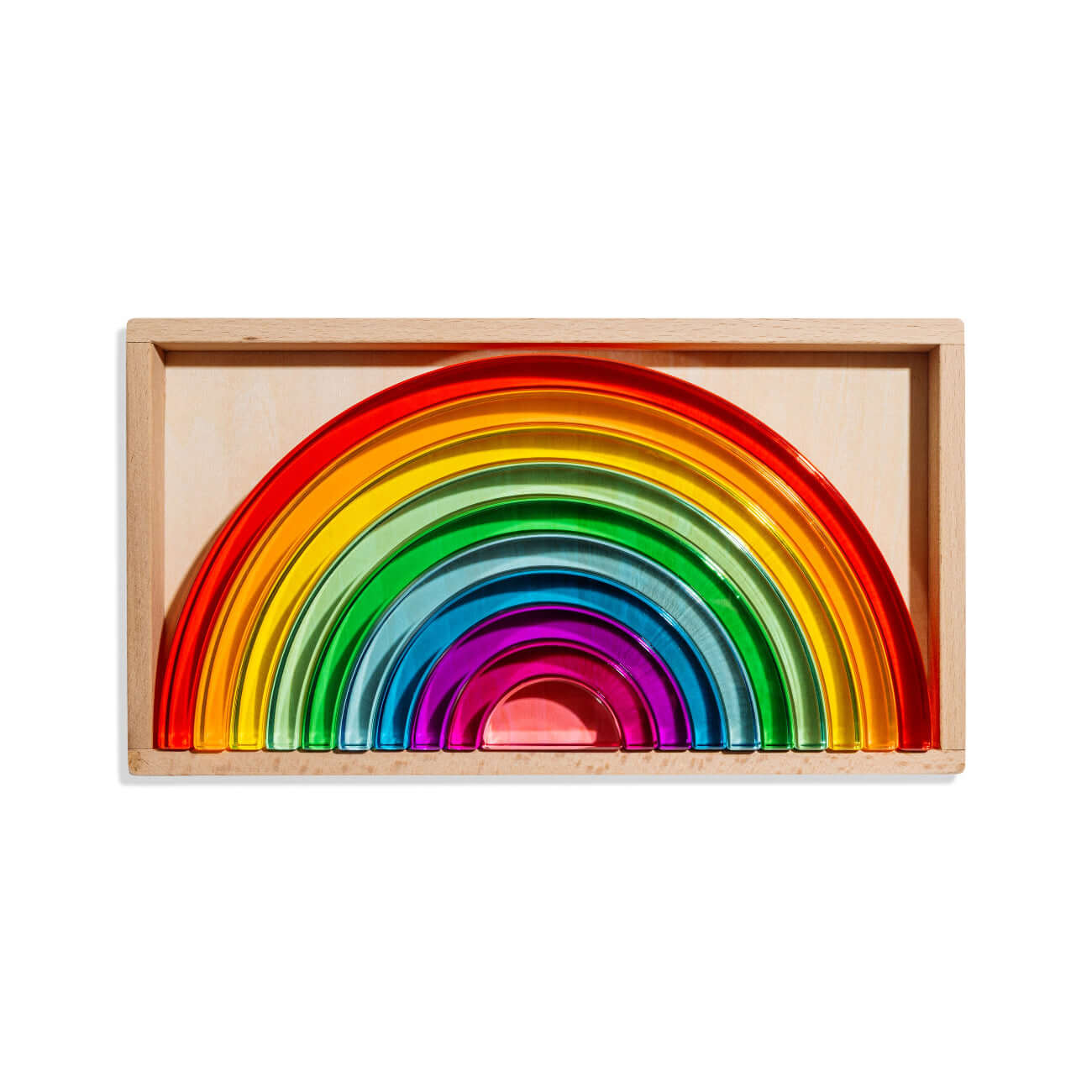 acrylic rainbow stacker kids toy in storage tray