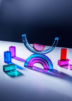 acrylic rainbow stacker reflecting colorful light