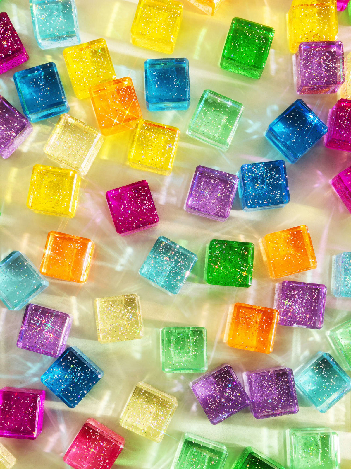 Colorful Lumi glitter acrylic building blocks scattered on a surface, showcasing a variety of translucent hues and sparkling glitter.