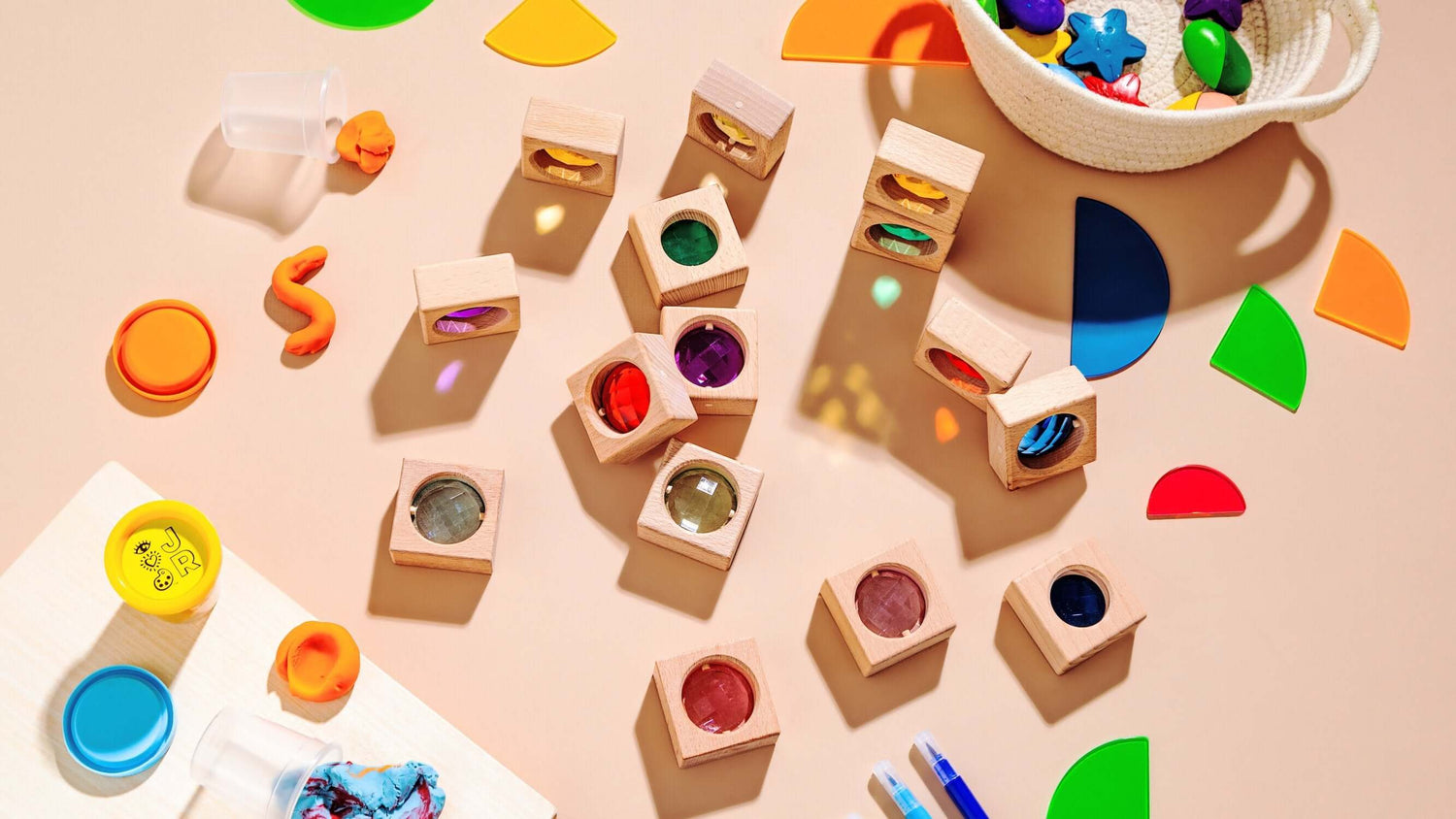 Lyla Blocks handcrafted wooden gem blocks with colorful inset acrylic gems for sensory open-ended play and fine motor skills