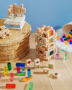 Lyla Blocks wooden gem blocks with inset acrylic gems, colorful sensory building set for open-ended play and fine motor skills