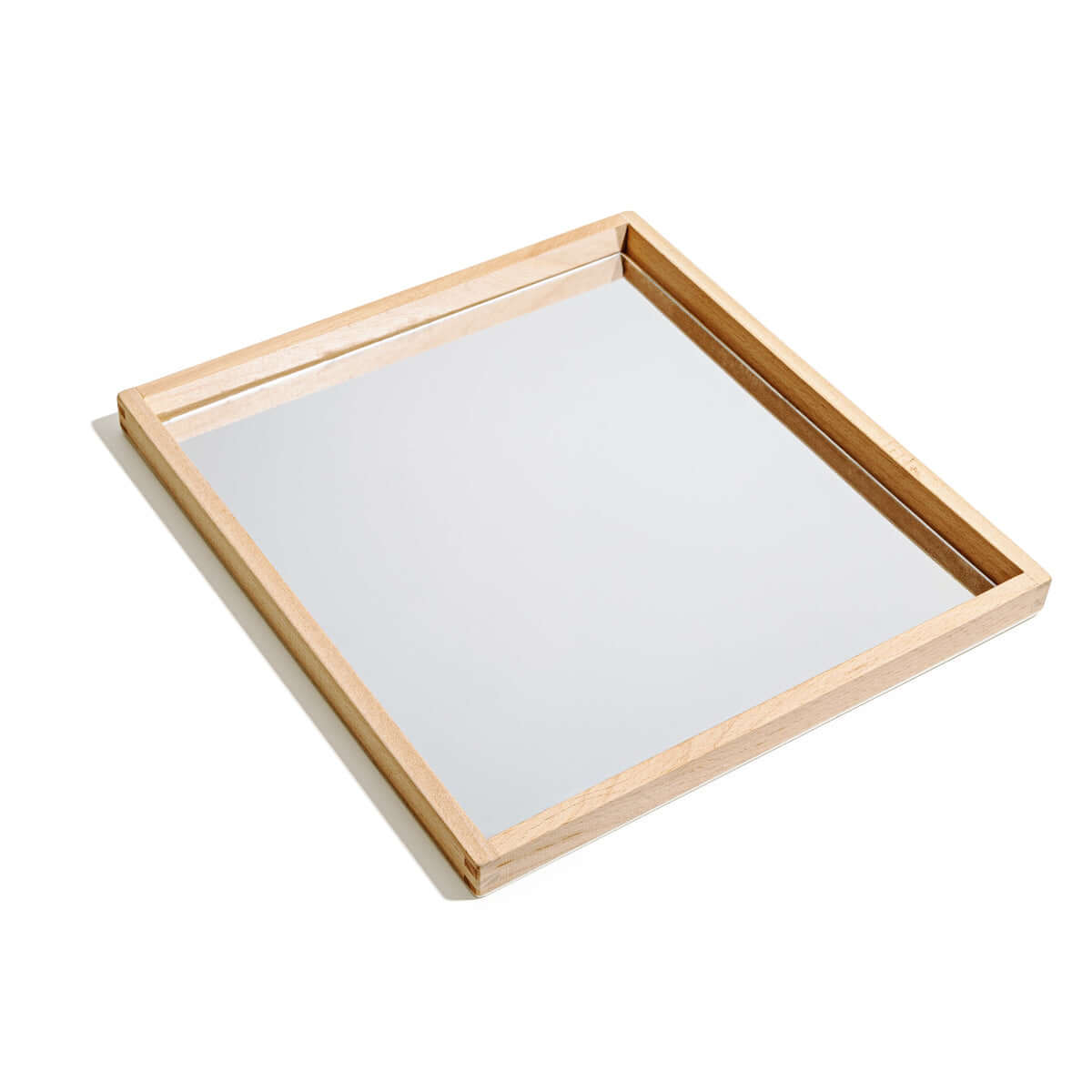Mirror Tray with natural wood frame and smooth mirrored surface for creative playtime.