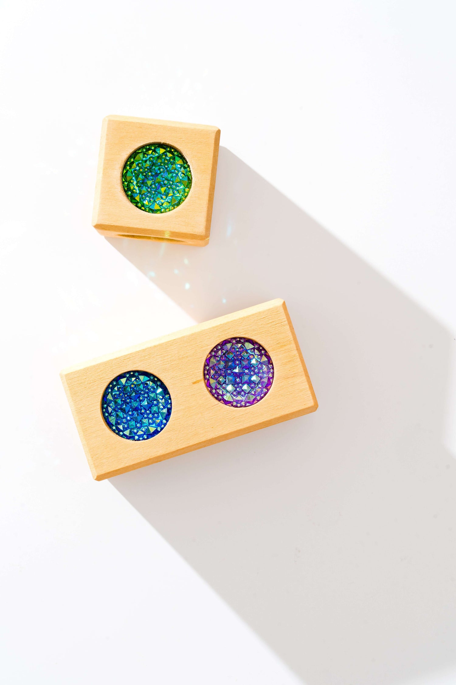 Frankie blocks natural wooden sensory blocks with sparkly gem inserts reflecting light for open-ended stacking and play
