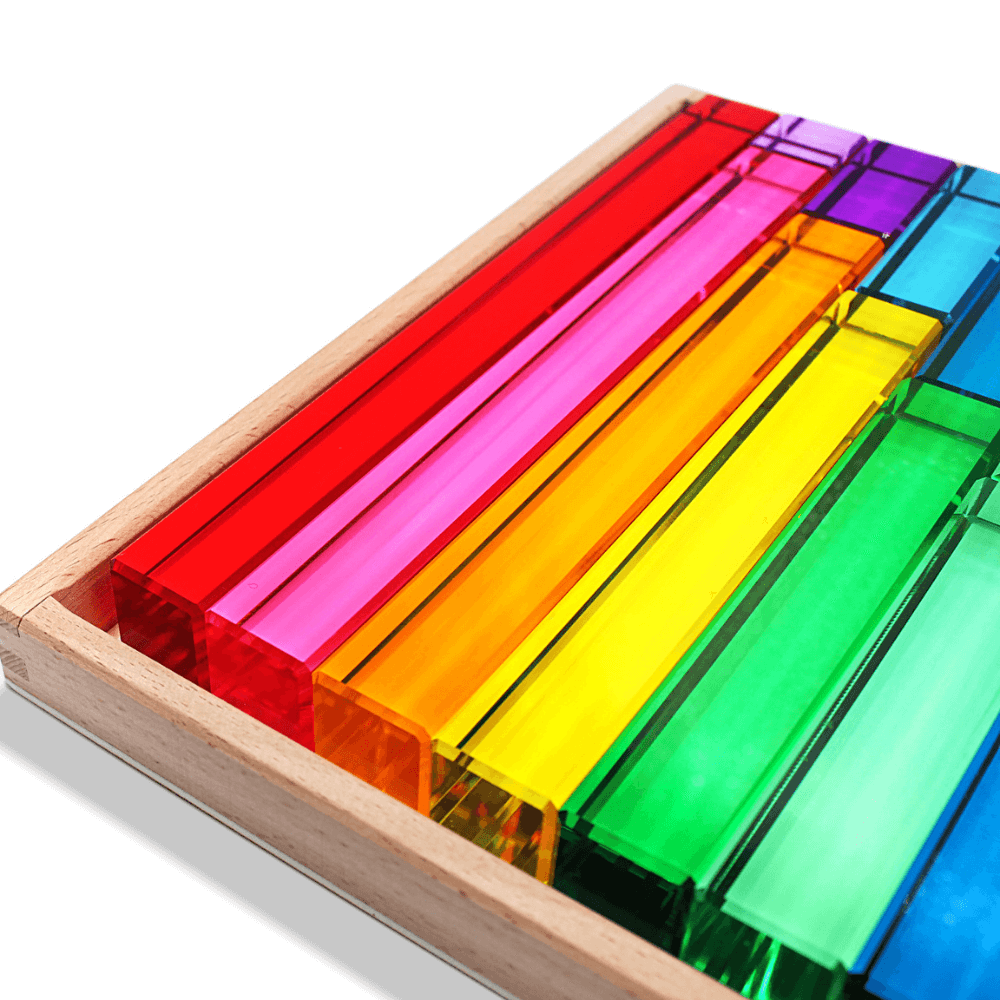  Millie Blocks translucent rainbow building blocks in wooden tray for play-based learning, creativity and fine motor skills