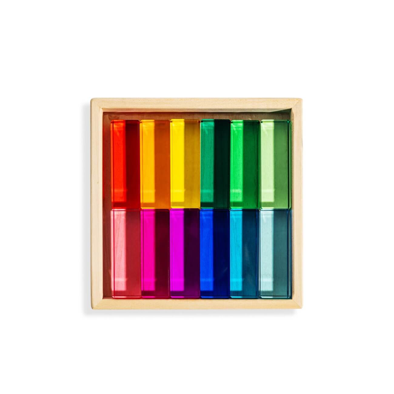 Noa Blocks set of 12 translucent rainbow building blocks in wooden tray, sensory light-reflecting construction toy