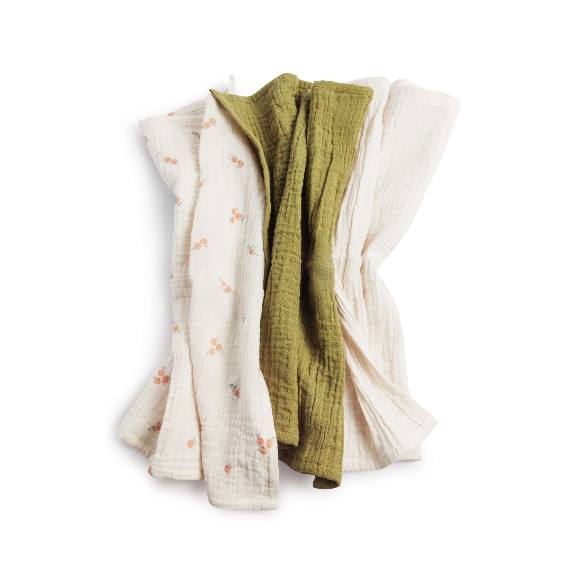 Pomme Burp Cloths set of three organic cotton muslin cloths in neutral and green colors, perfect for modern parents.