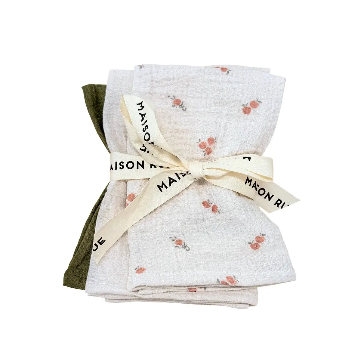 Pomme Burp Cloths set of three organic cotton muslin cloths tied with a ribbon, perfect for babies and nurseries.