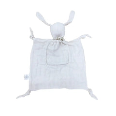 Pocket Pals organic cotton bunny comforter for kids with pouch and fern print.