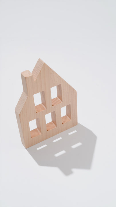 Canal House Blocks wooden canal house building block with window cutouts, natural wood silhouette on white background