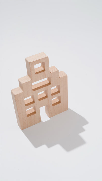 Canal House Blocks wooden building set with tall canal house silhouettes, window cutouts, and translucent acrylic details