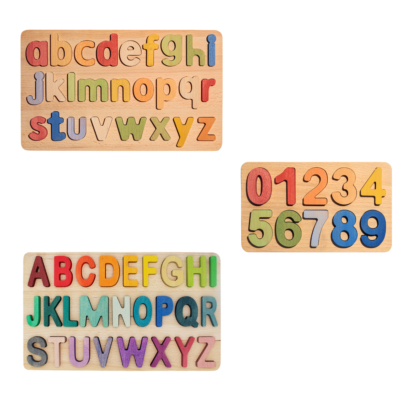 Educational puzzle set featuring colorful alphabet and number wooden puzzles for hands-on learning.