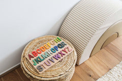 Alphabet Puzzle rainbow wooden letters on woven basket, montessori toys kids toys, wooden blocks rainbow blocks kids building blocks