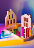 Colorful transparent building blocks with wooden frames on a reflective surface