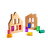Wooden house models with colorful transparent blocks on a white background