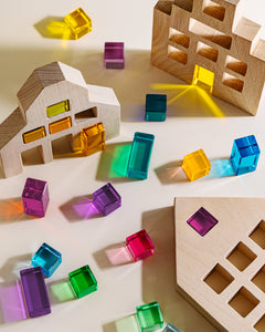 open ended wooden city blocks toy with acrylic gems