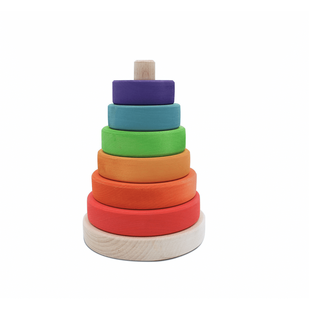 Suki Stacking Tower wooden rainbow ring stacking toy for toddlers, child-safe rounded blocks for fine motor skill development