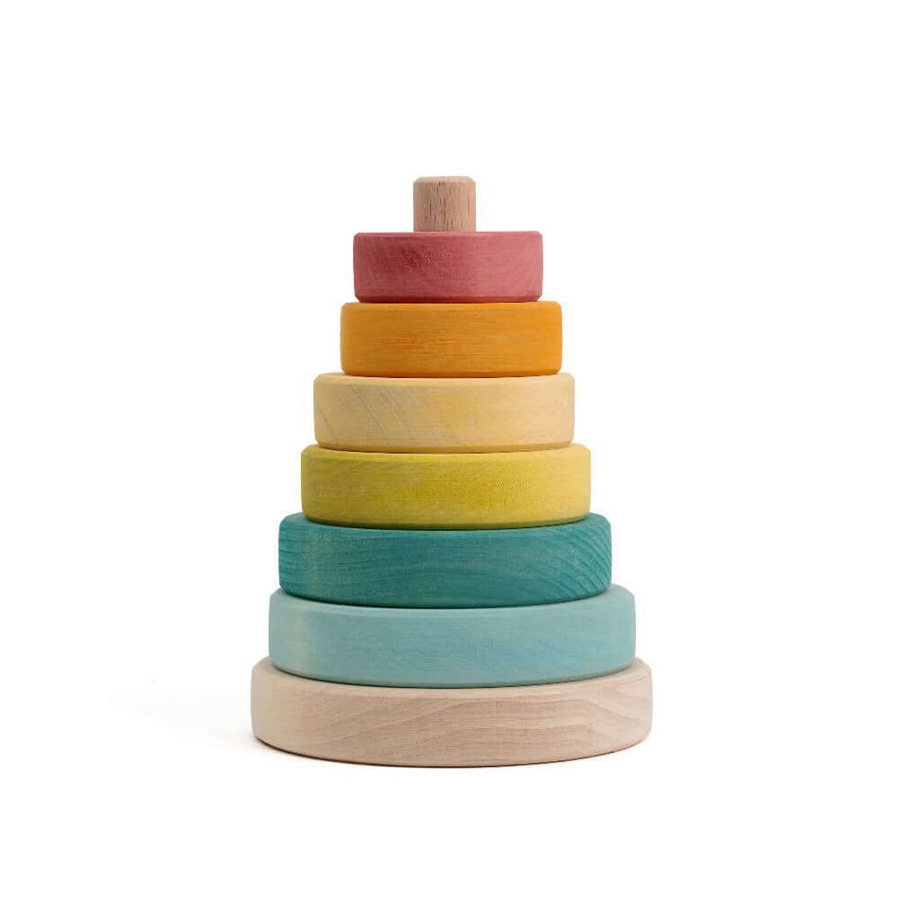 Suki Stacking Tower wooden toddler stacking rings toy in soft pastel colors for fine motor skills and shape learning