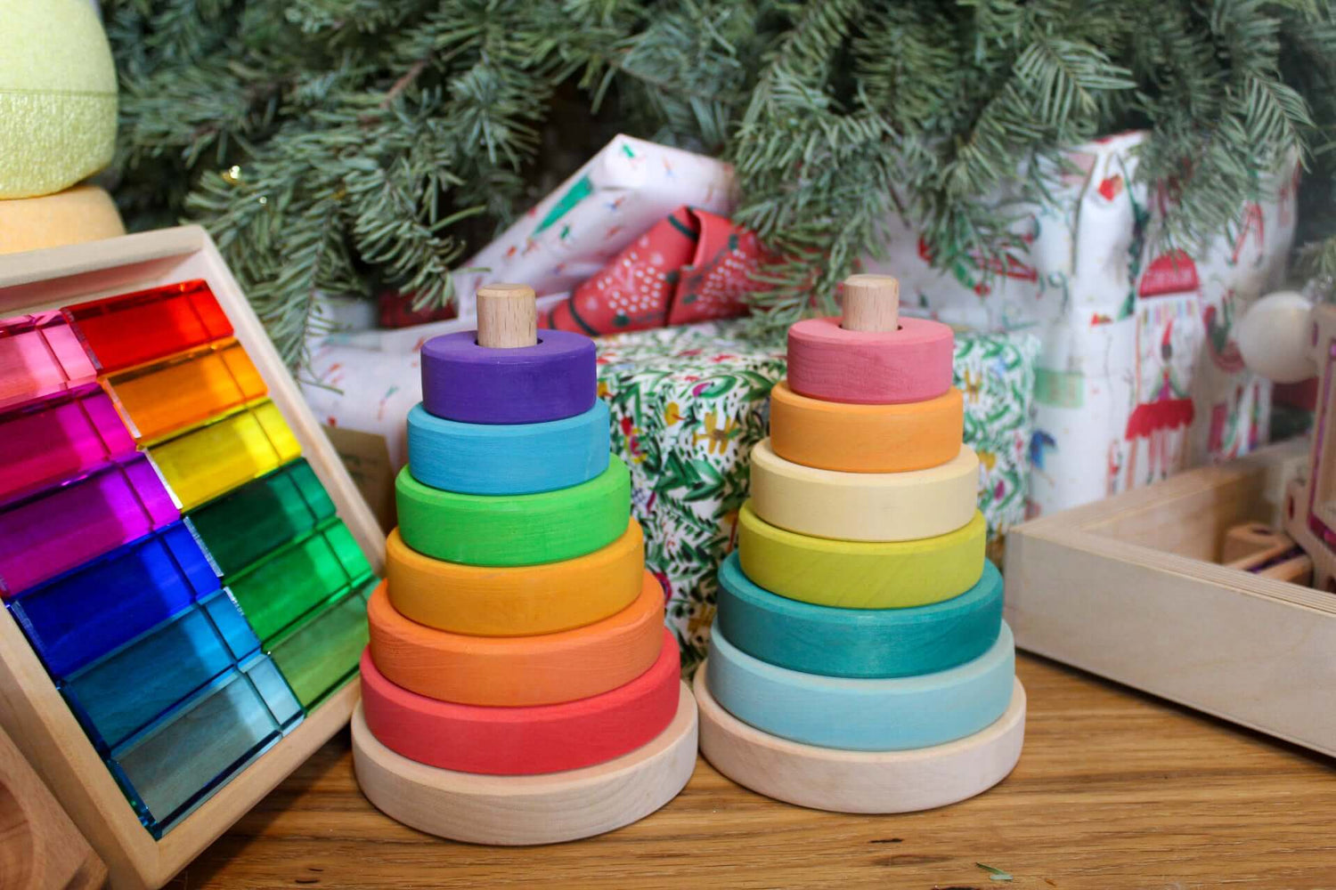 Suki Stacking Tower colorful wooden ring stacking toy set in vibrant primary colors for toddlers fine motor skill play