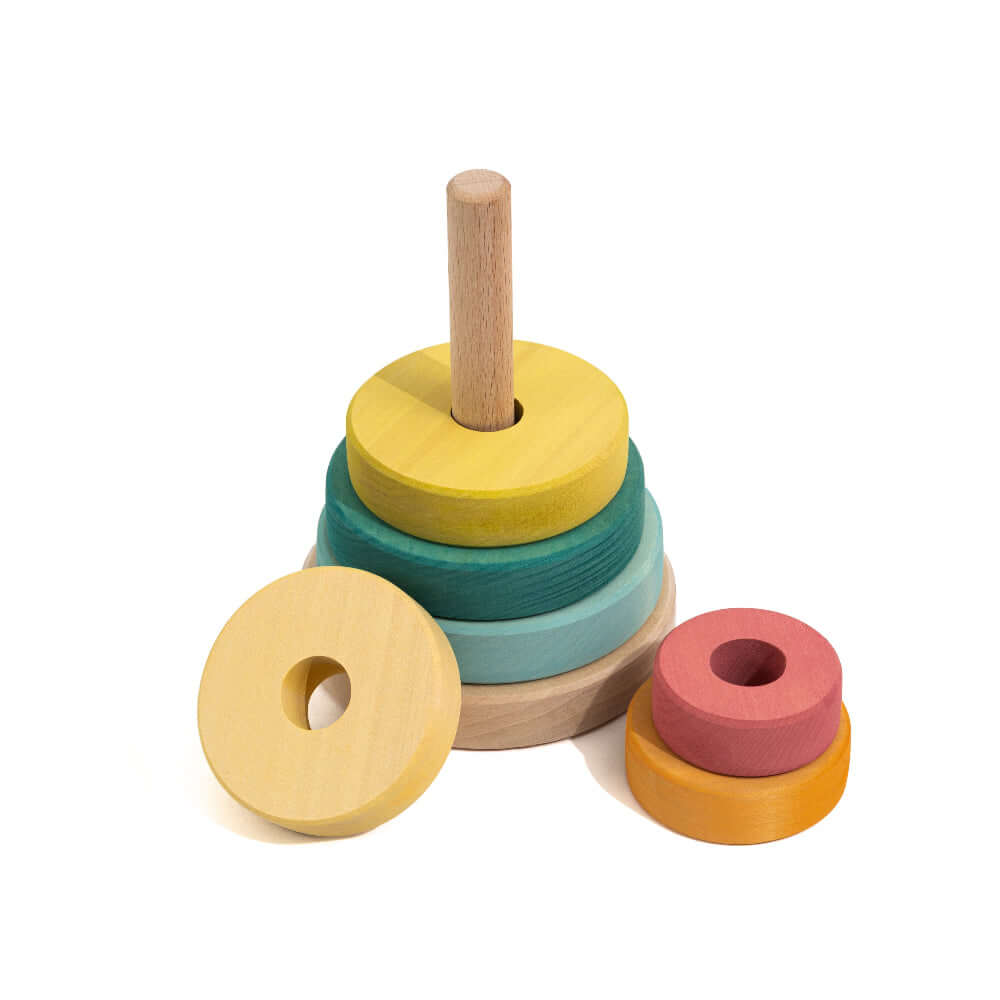Suki Stacking Tower wooden ring stacking toy in pastel colors for toddlers, fine motor skills and shape learning