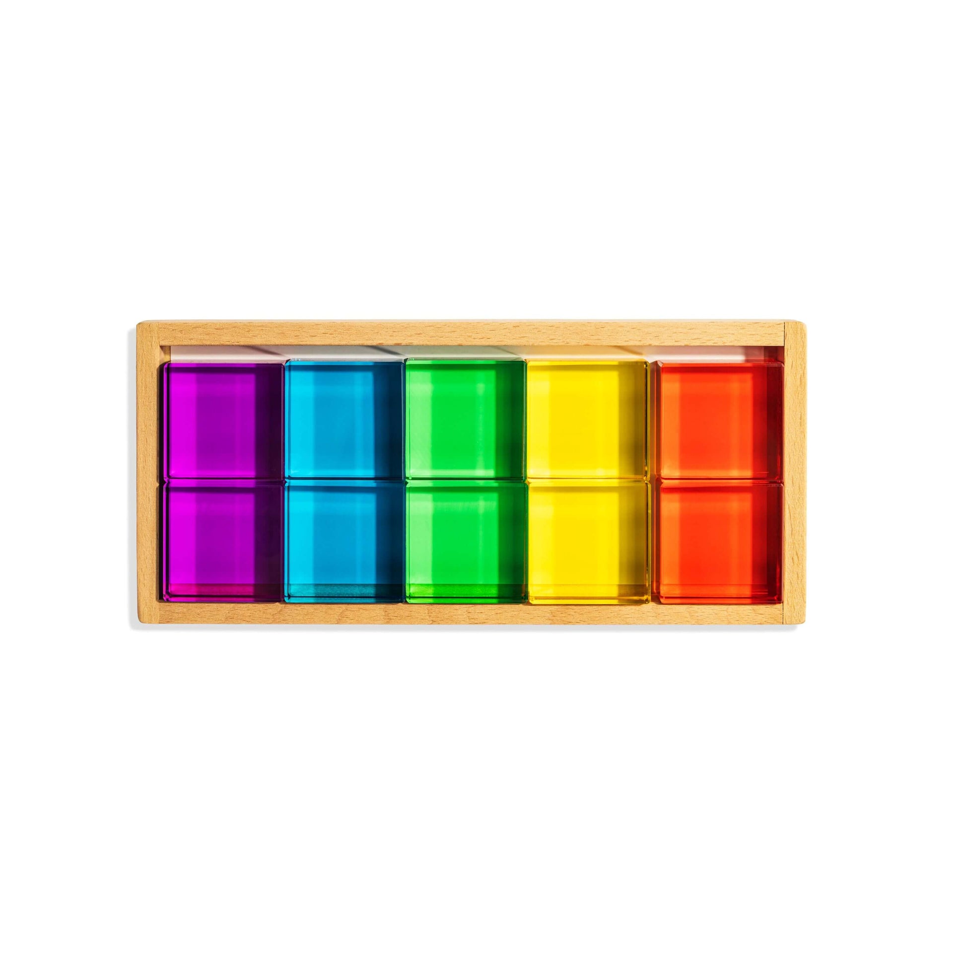 Theo Blocks set with vibrant colored acrylic squares in a wooden tray for creative play and exploration.
