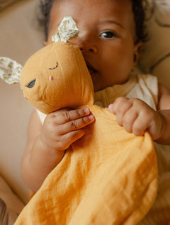 Pocket Pals organic cotton squirrel lovey comforter with fern print pocket pouch, baby holding soft security blanket