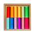 Set of colorful cylindrical objects in a wooden box on a white background