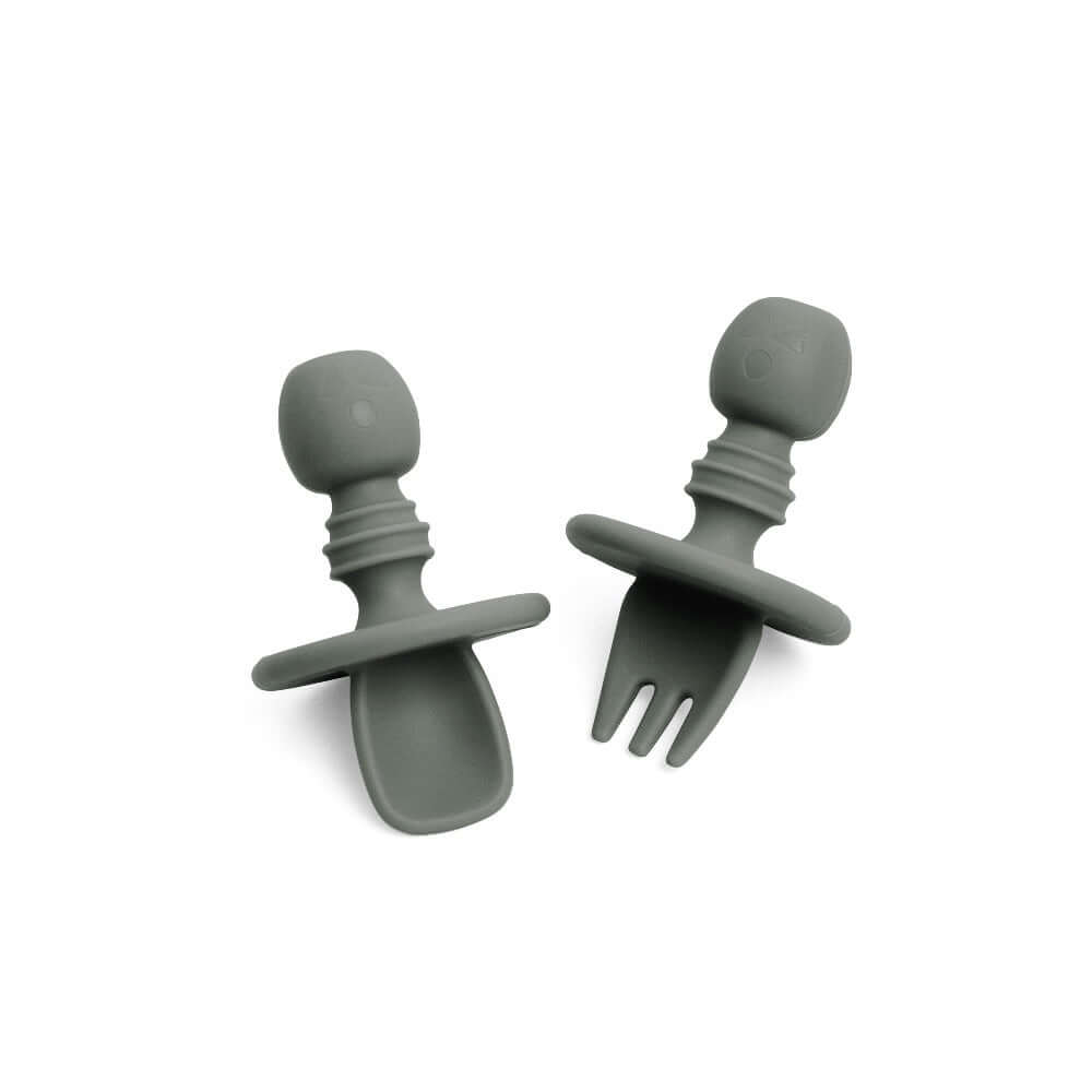 Harley Utensils silicone baby fork and spoon set with chunky round grip and safety stopper in gray